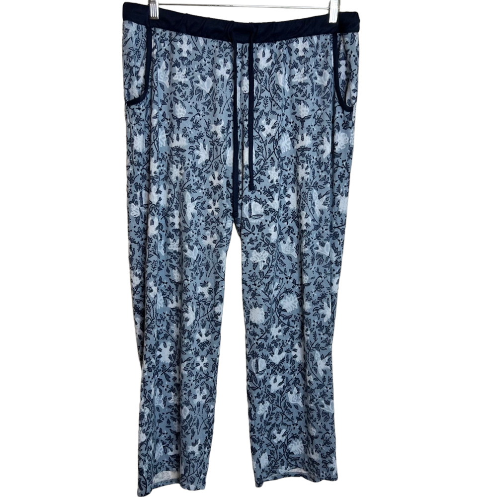 Lucky Brand Womens Pajama Pants XL Blue Floral Sweater Knit Drawstring Pockets